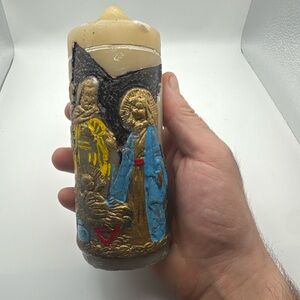 Vintage Religious Prayer Candle Raised Nativity Scene Pillar Candle